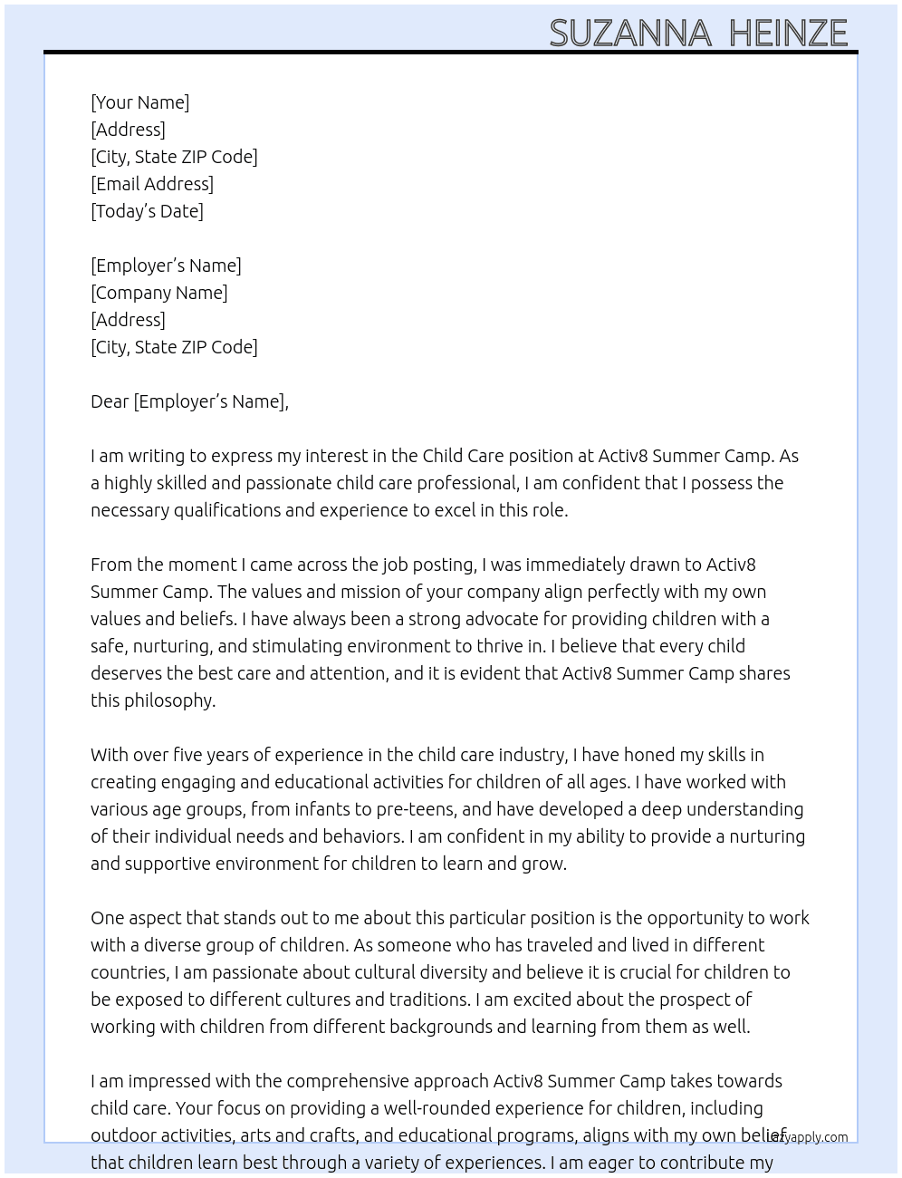 Child Care At Activ8 Summer Camp Cover Letter