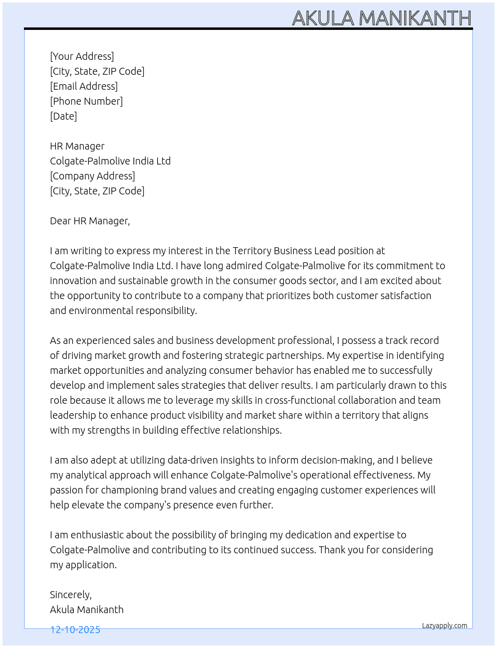 Cover letter for territory business lead - LazyApply