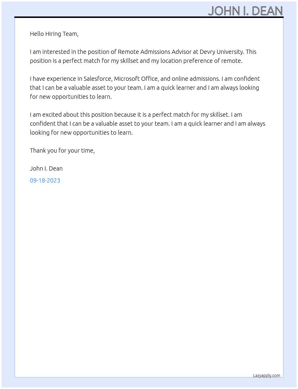 Remote Admissions Advisor At Devry University Cover Letter
