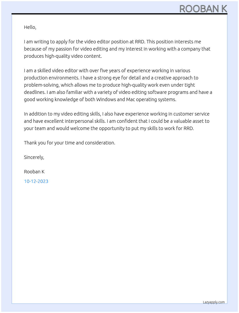 video editor At RRD Cover Letter