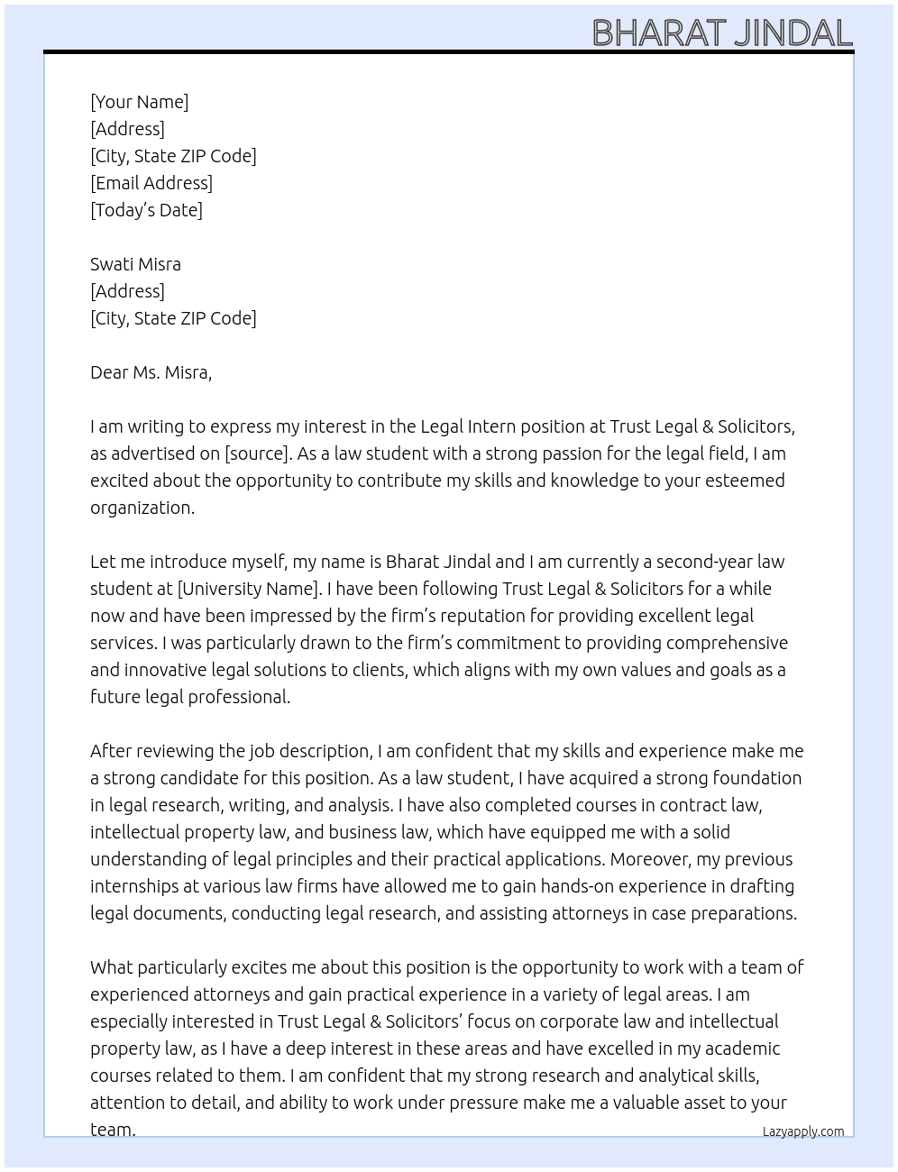 Legal Intern At Trust Legal & Solicitors Cover Letter
