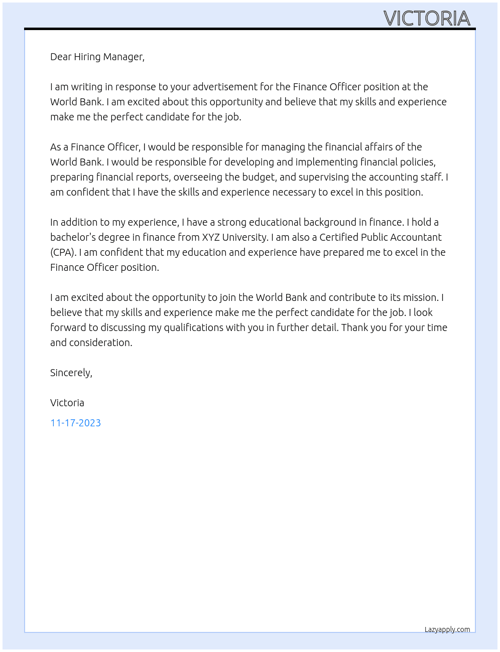 Finance Officer  At World Bank  Cover Letter