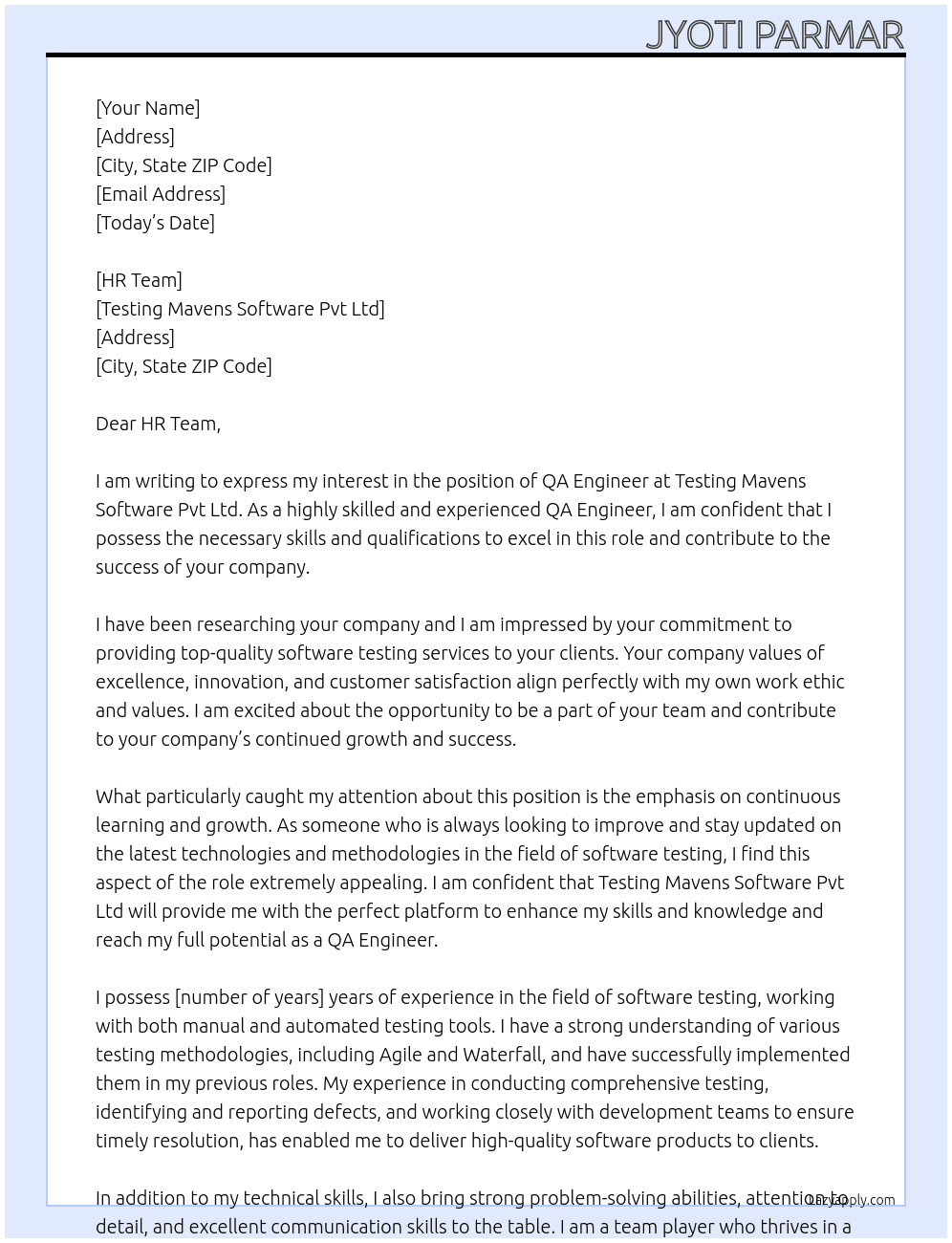 QA Engineer At Testing Mavens Software Pvt Ltd Cover Letter