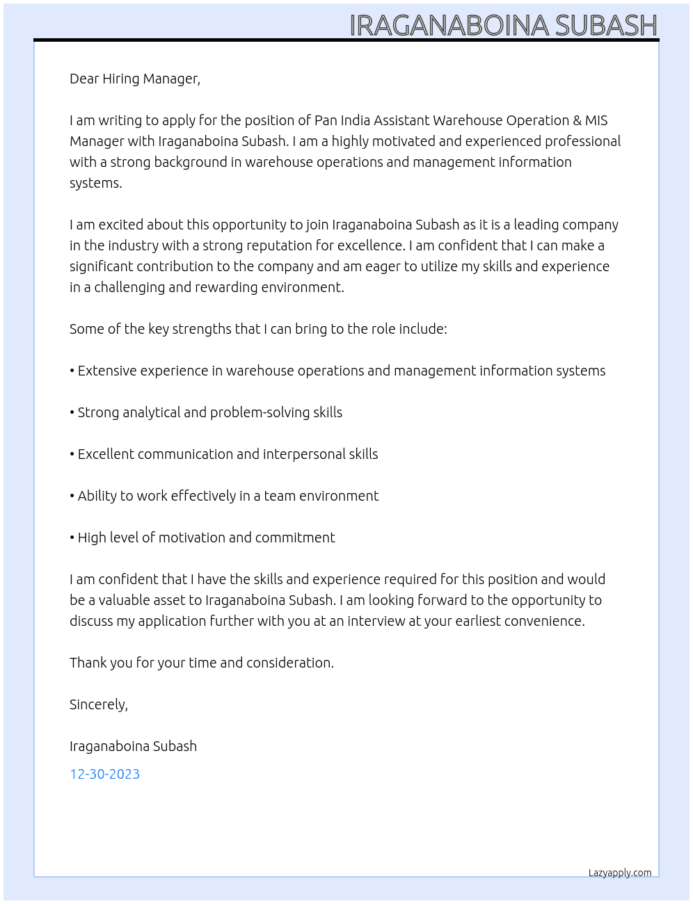  Pan India Assistant Warehouse Operation & MIS Manager  At Iraganaboina Subash Cover Letter