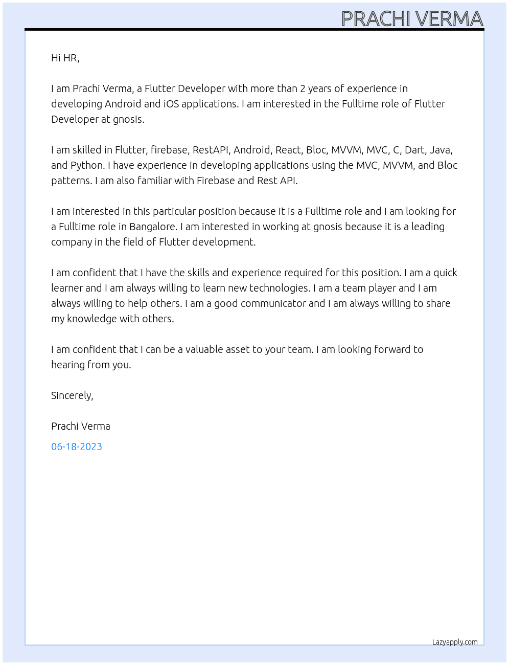 Flutter Developer At gnosis Cover Letter