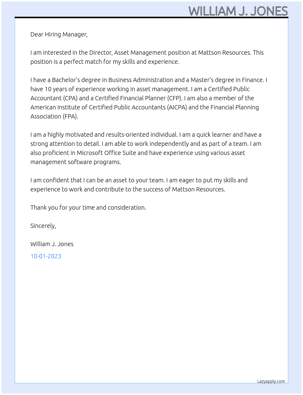 Director, Asset Management At Mattson Resources Cover Letter