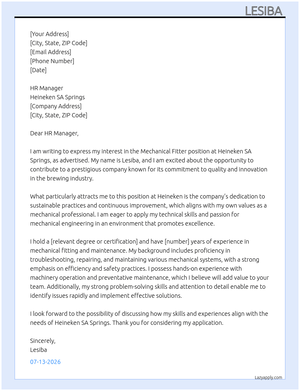 Mechanical Fiiter At Heineken SA Springs  Cover Letter