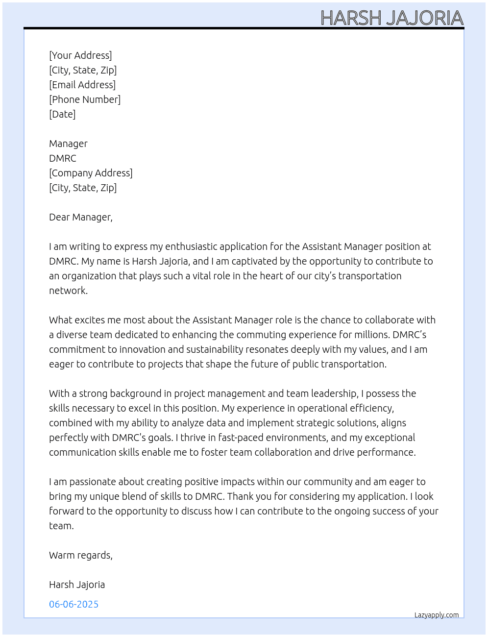 Asistent Maneger  At DMRC Cover Letter
