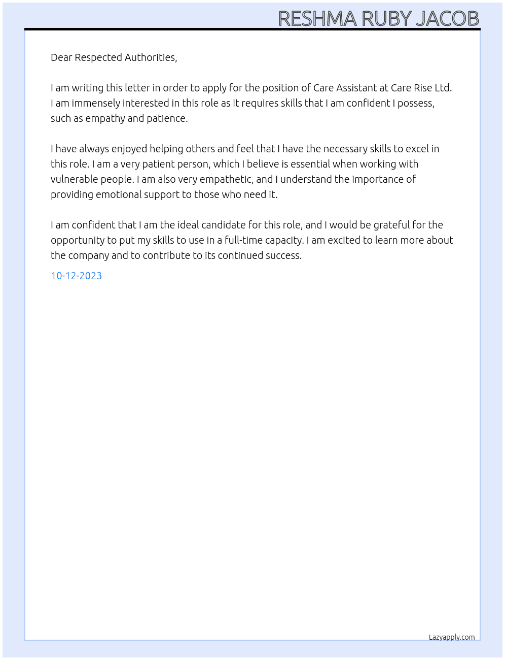Care Assistant  At Care Rise Ltd Cover Letter