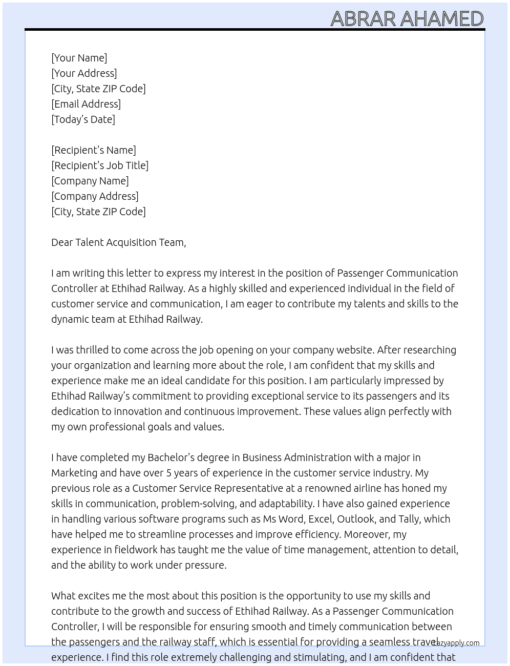 Cover letter for passenger communication controller - LazyApply