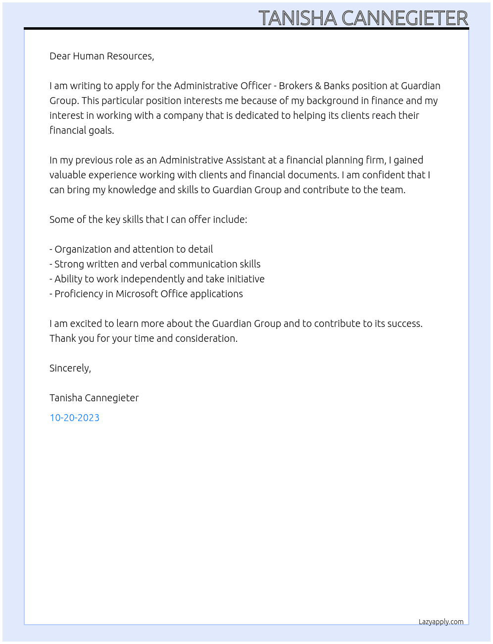 Administrative Officer - Brokers & Banks At Guardian Group Cover Letter