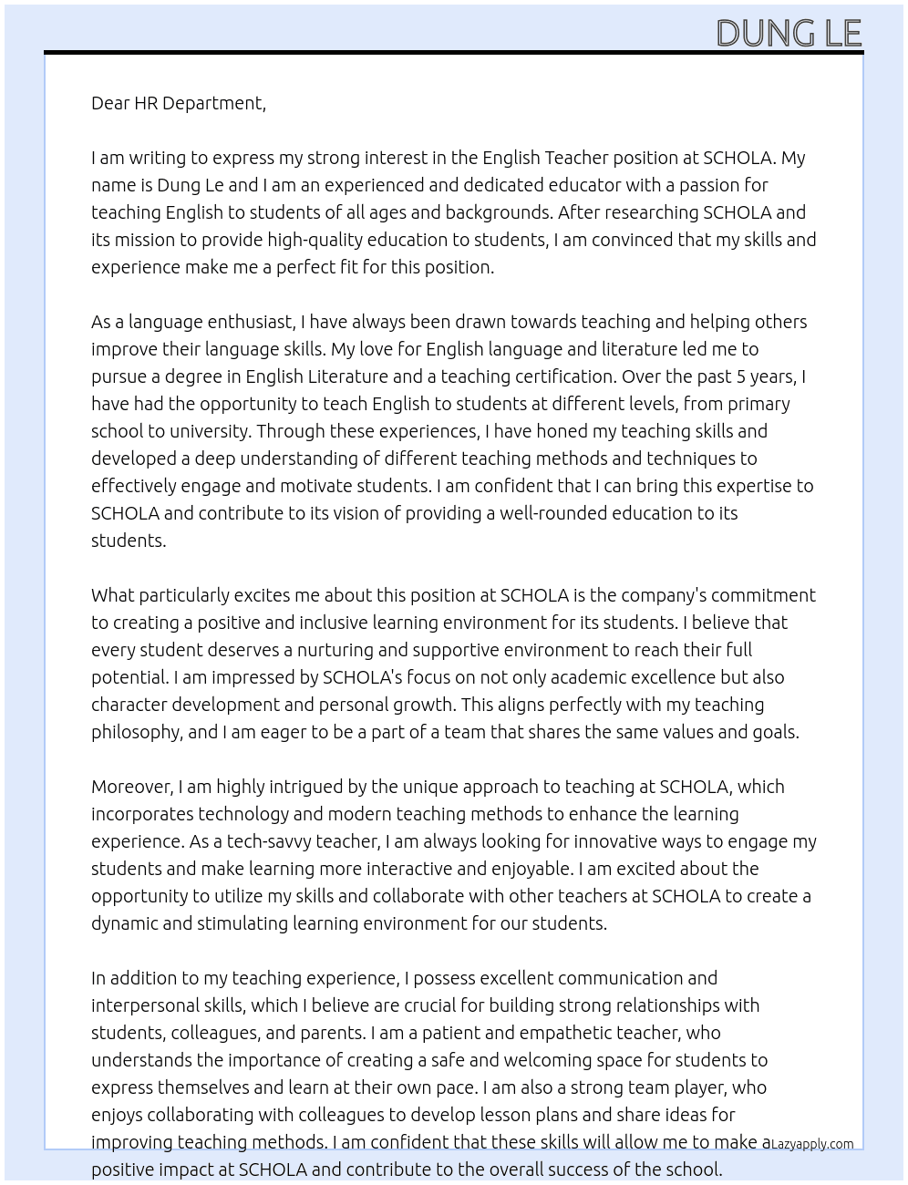 English teacher At SCHOLA Cover Letter