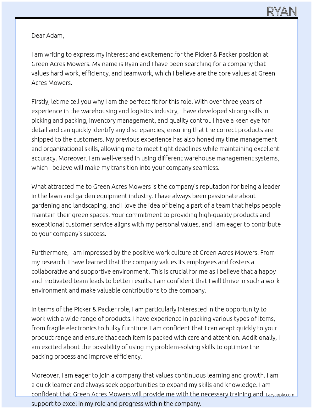 Picker & Packer At Green Acres Mowers Cover Letter