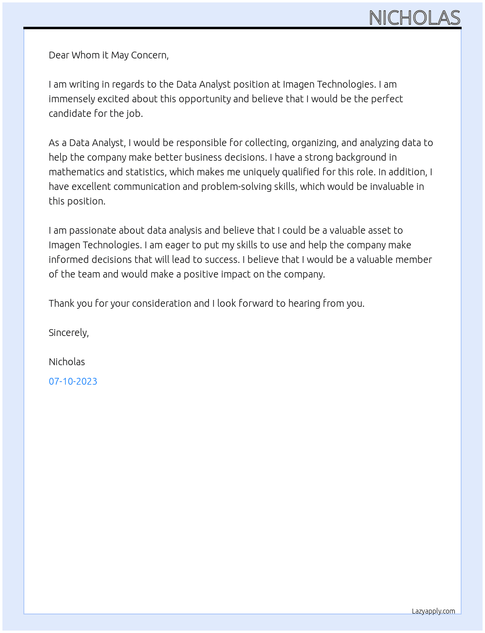 Data Analyst At Imagen Technologies Cover Letter