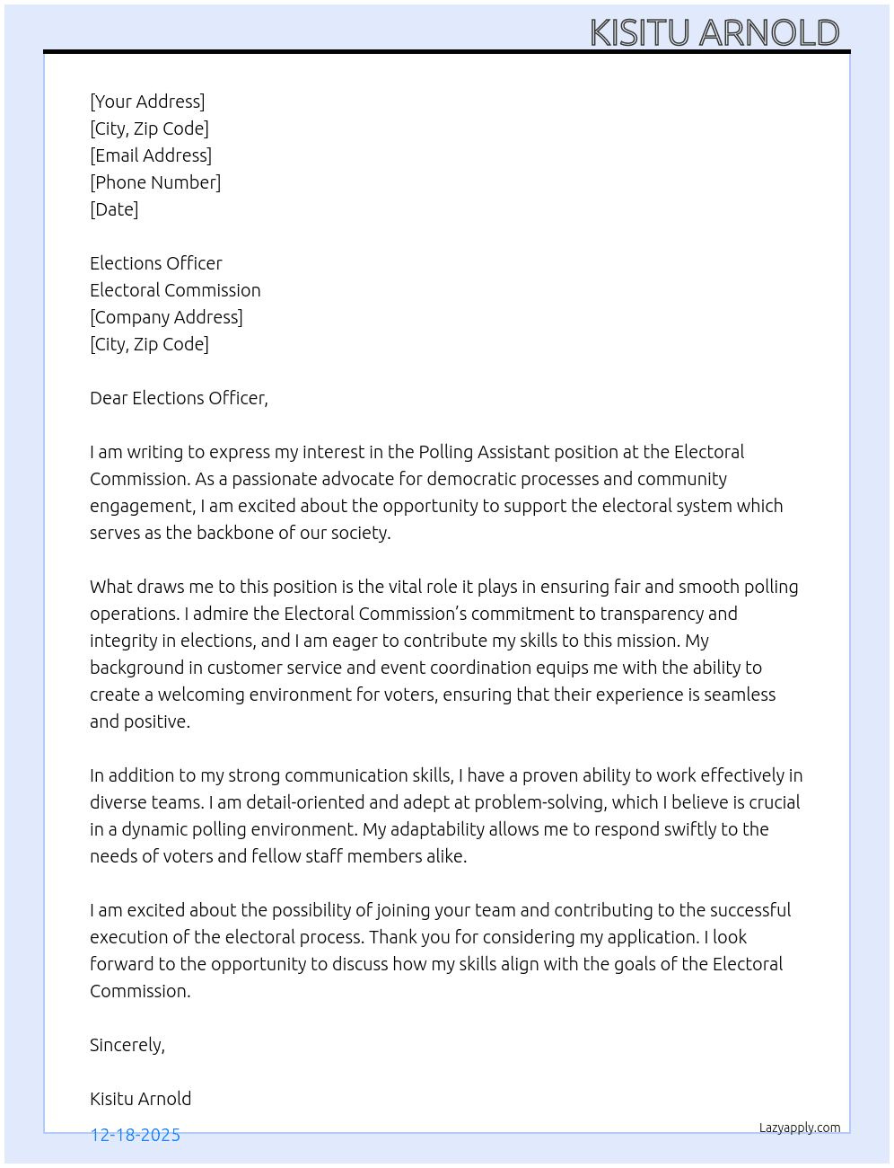 Polling Assistant  At Electoral Commission  Cover Letter