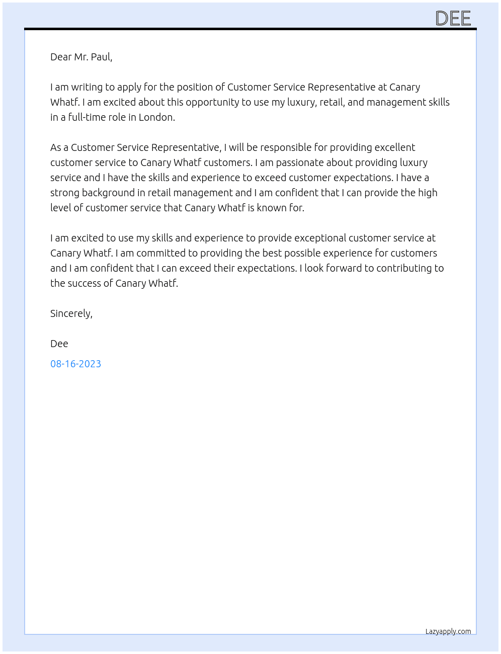 Customer service representative  At Canary whatf  Cover Letter