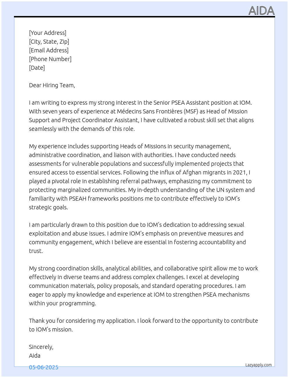 Senior PSEA Assistant At IOM Cover Letter
