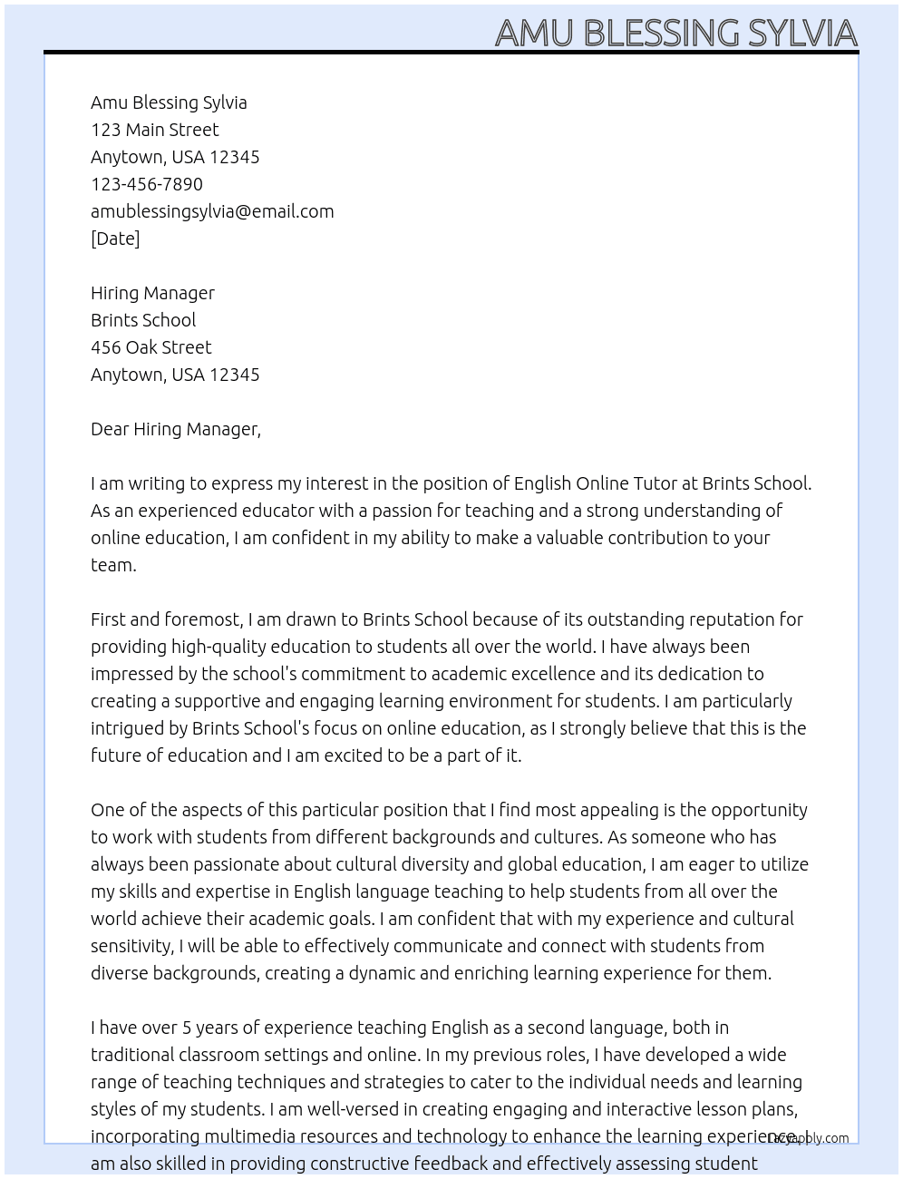 English Online Tutor At Brints school Cover Letter