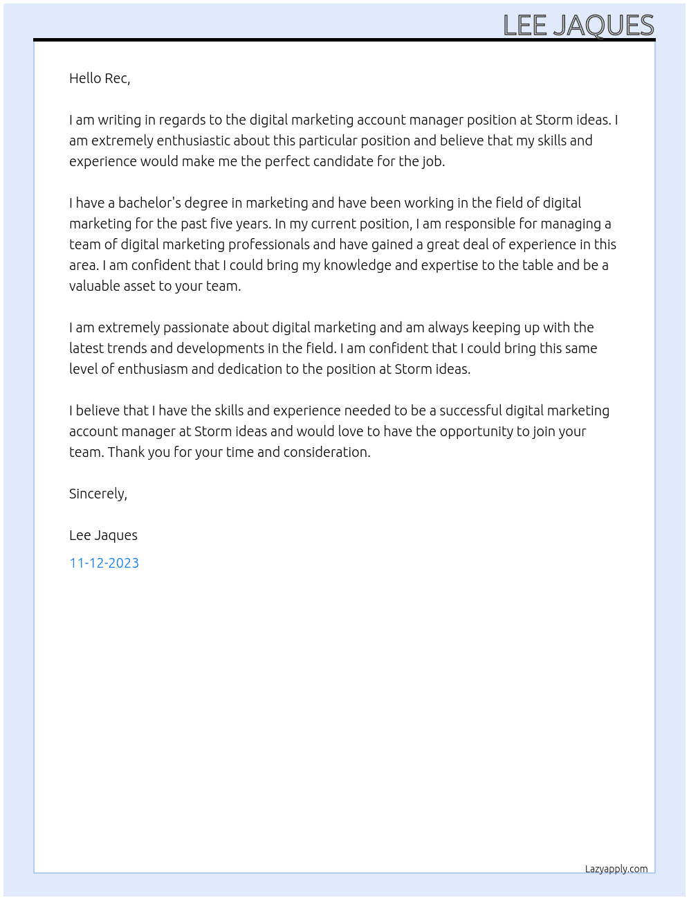 Digital marketing Account manager  At Storm ideas Cover Letter