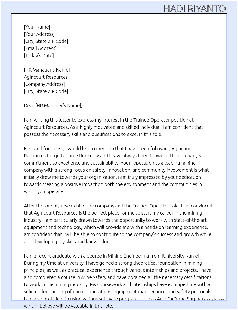 Trainee Operator At Agincourt Resources Cover Letter