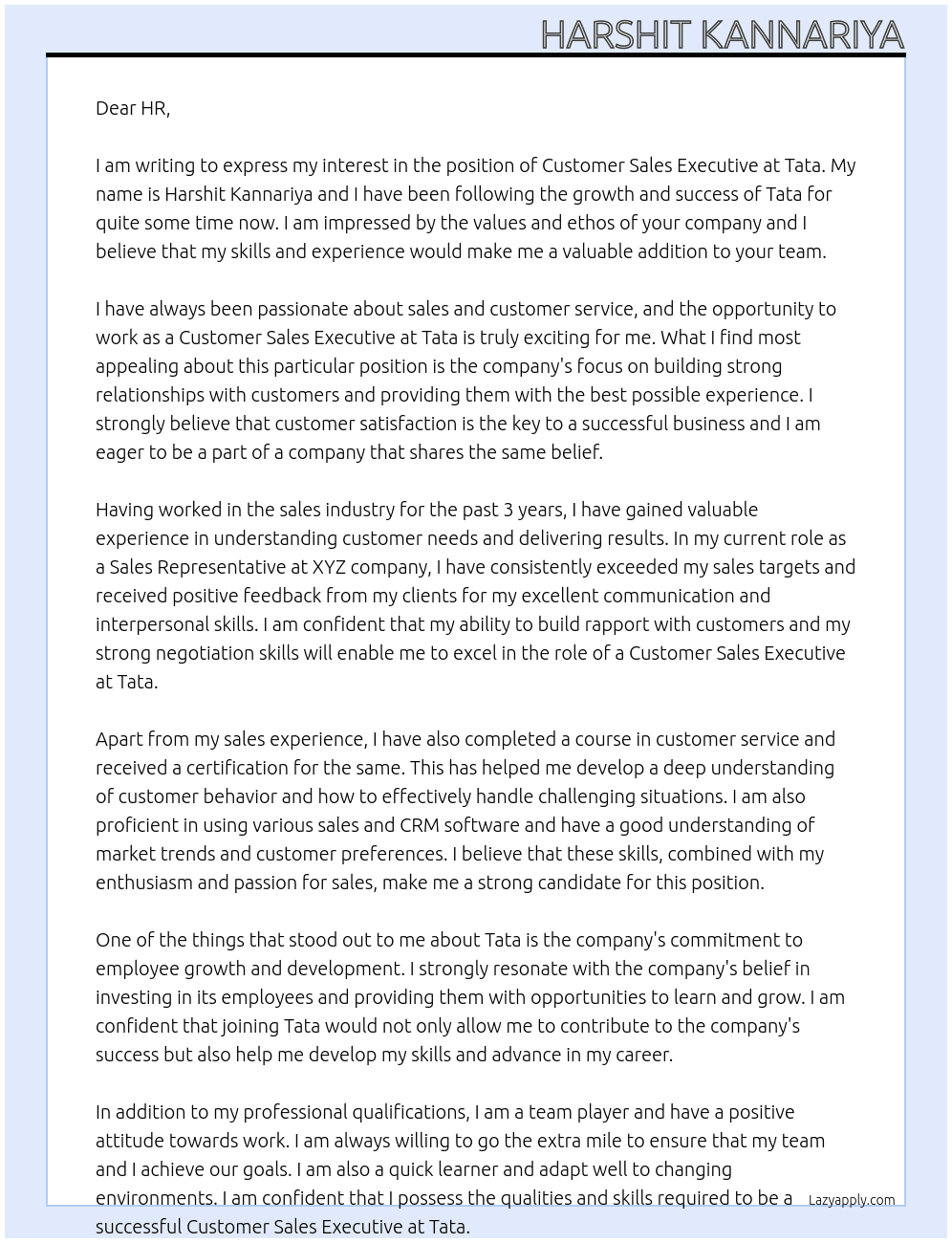 Customer Sales Executive At Tata Cover Letter
