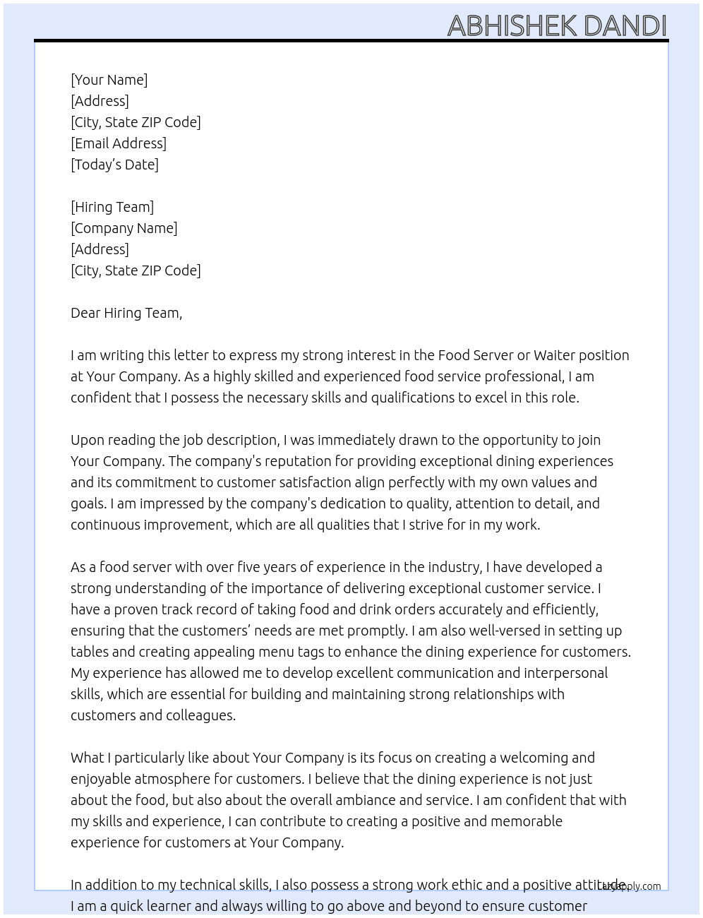 Food server or waiter  At Your compnay  Cover Letter