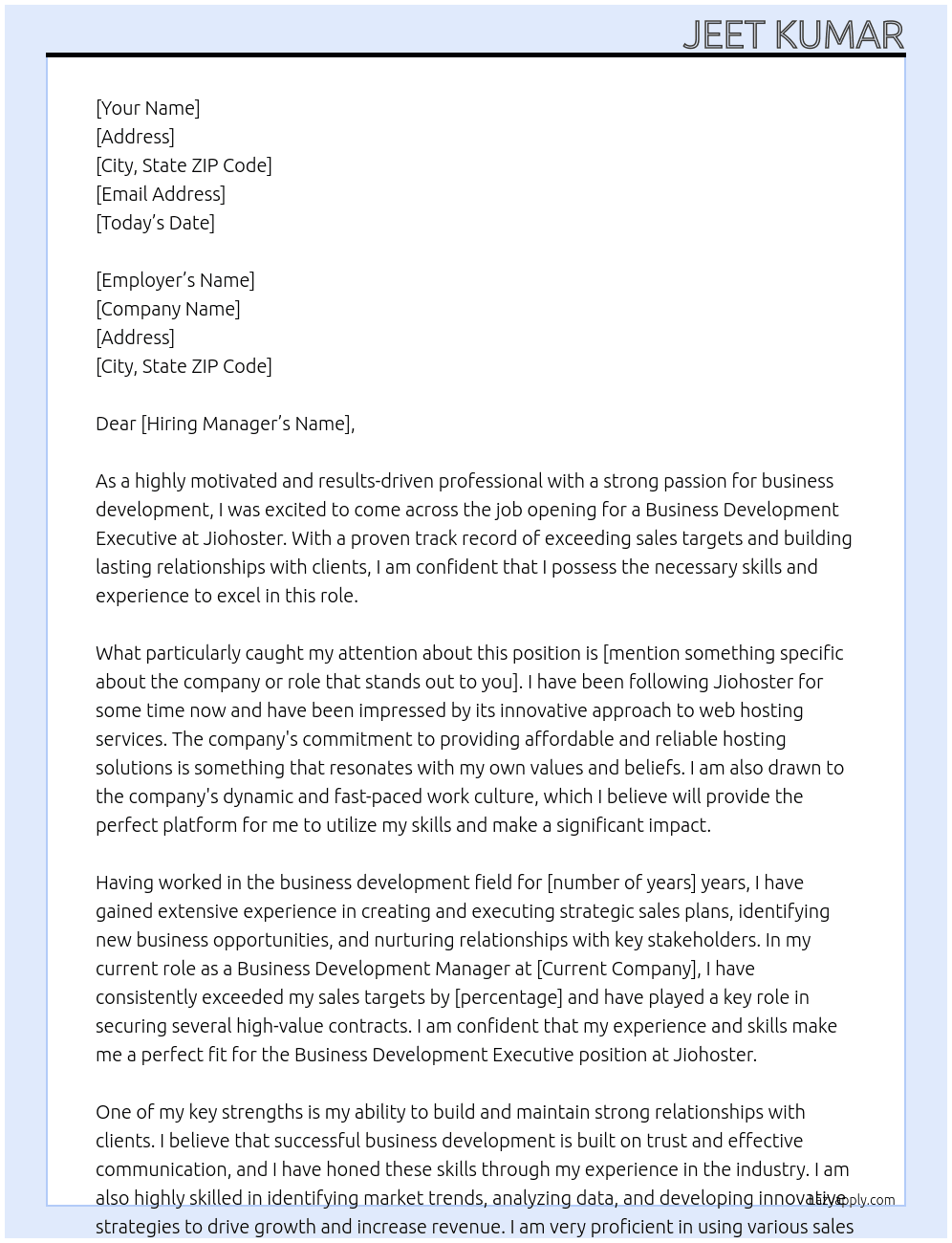 Business Development Executive  At Jiohoster  Cover Letter