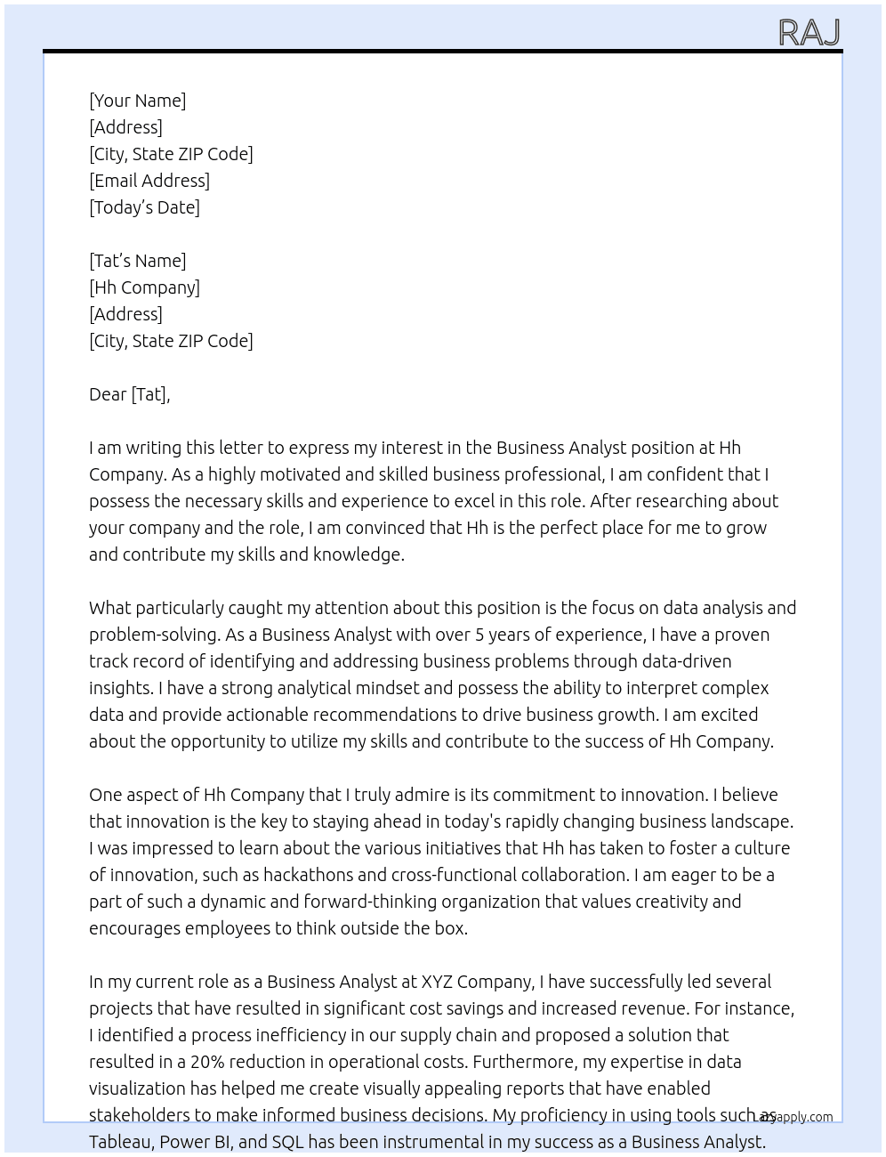 Business Analyst At Hh Cover Letter