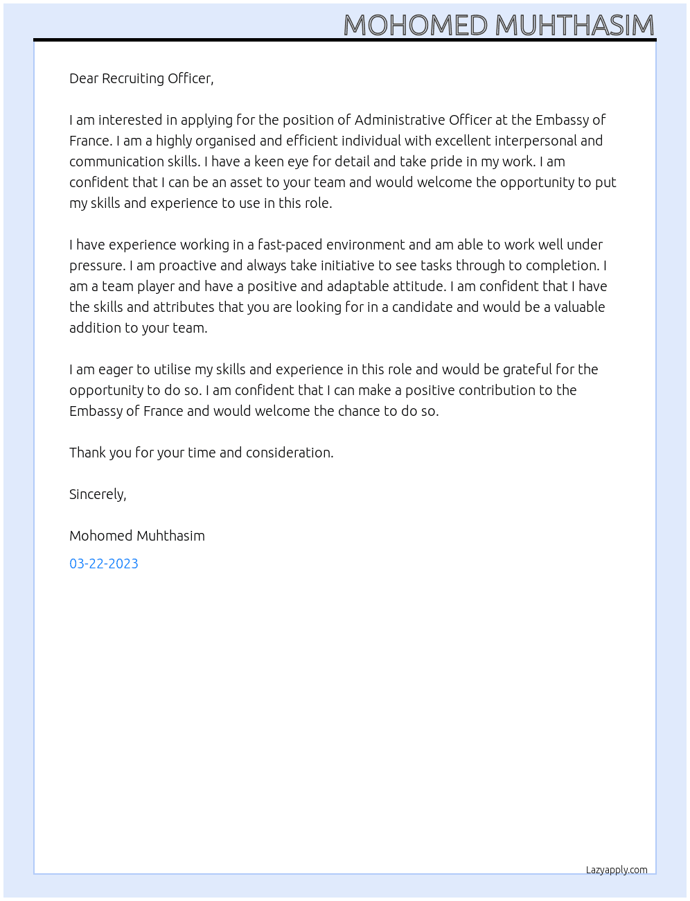 Administrative officer At Embassy of france Cover Letter