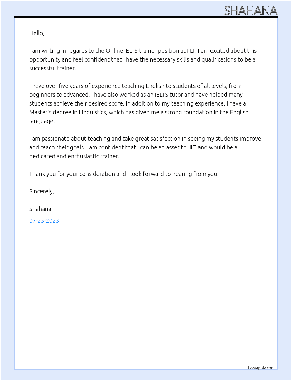 Online IELTS trainer At IILT Cover Letter
