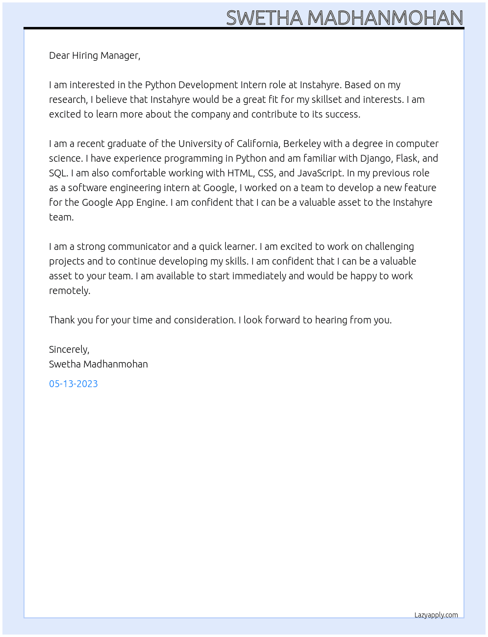 python development intern At Instahyre Cover Letter