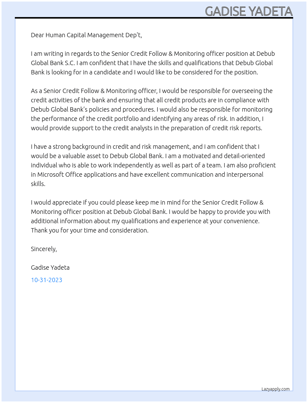 Senior Credit Follow & Monitoring officer At Debub Global Bank S.C Cover Letter