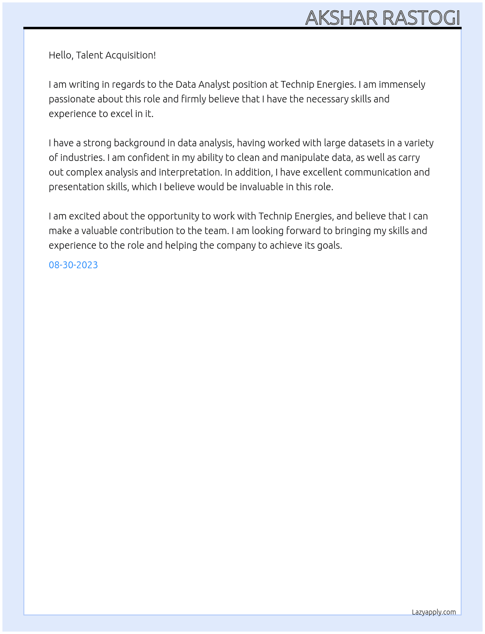 Data Analyst  At Technip Energies Cover Letter