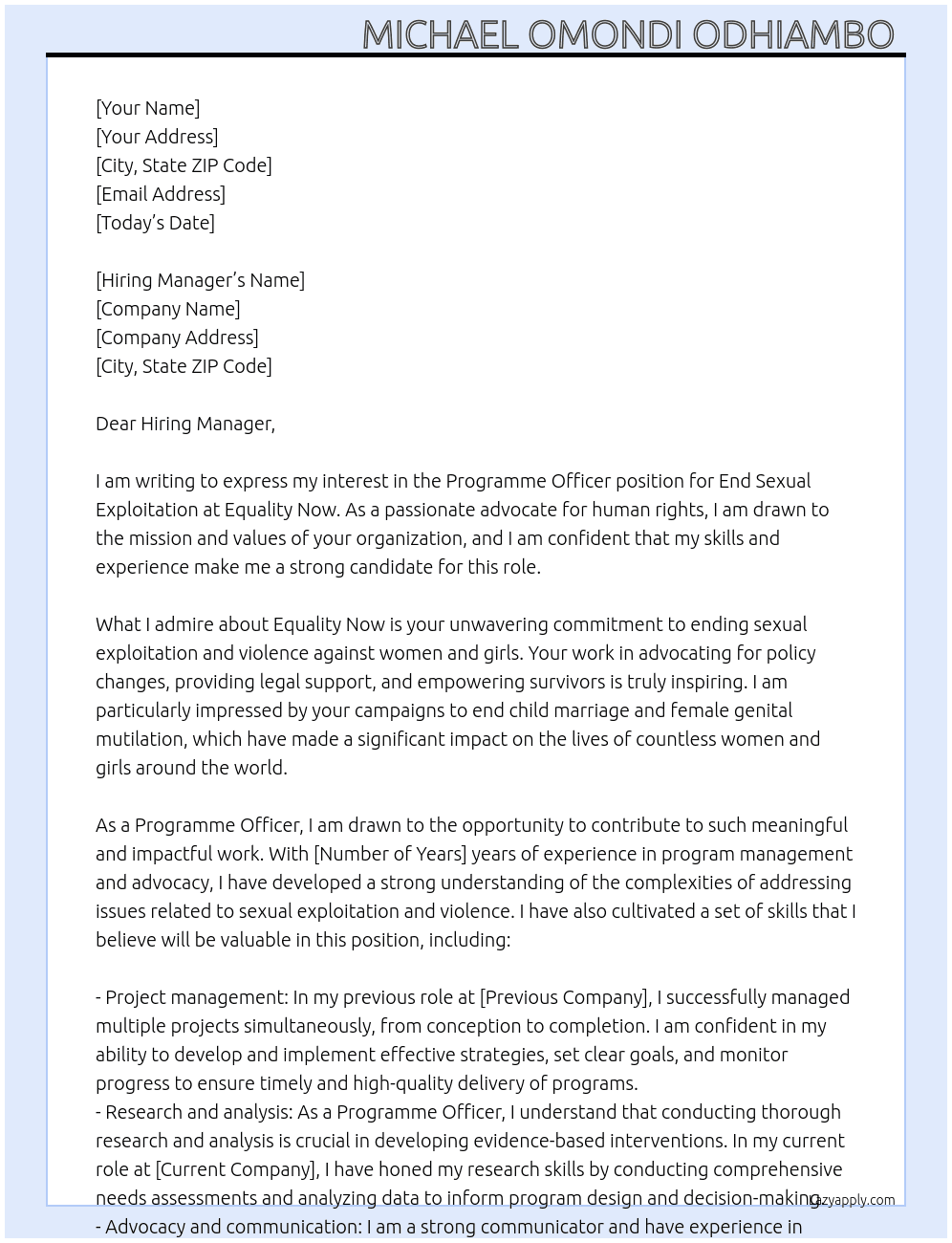 Programme Officer, End Sexual Exploitation  At Equality Now Cover Letter