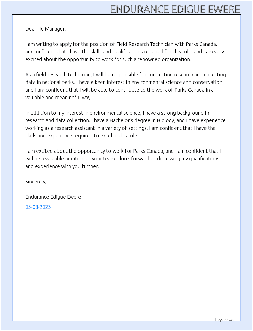 Field research technician  At Parks Canada Cover Letter