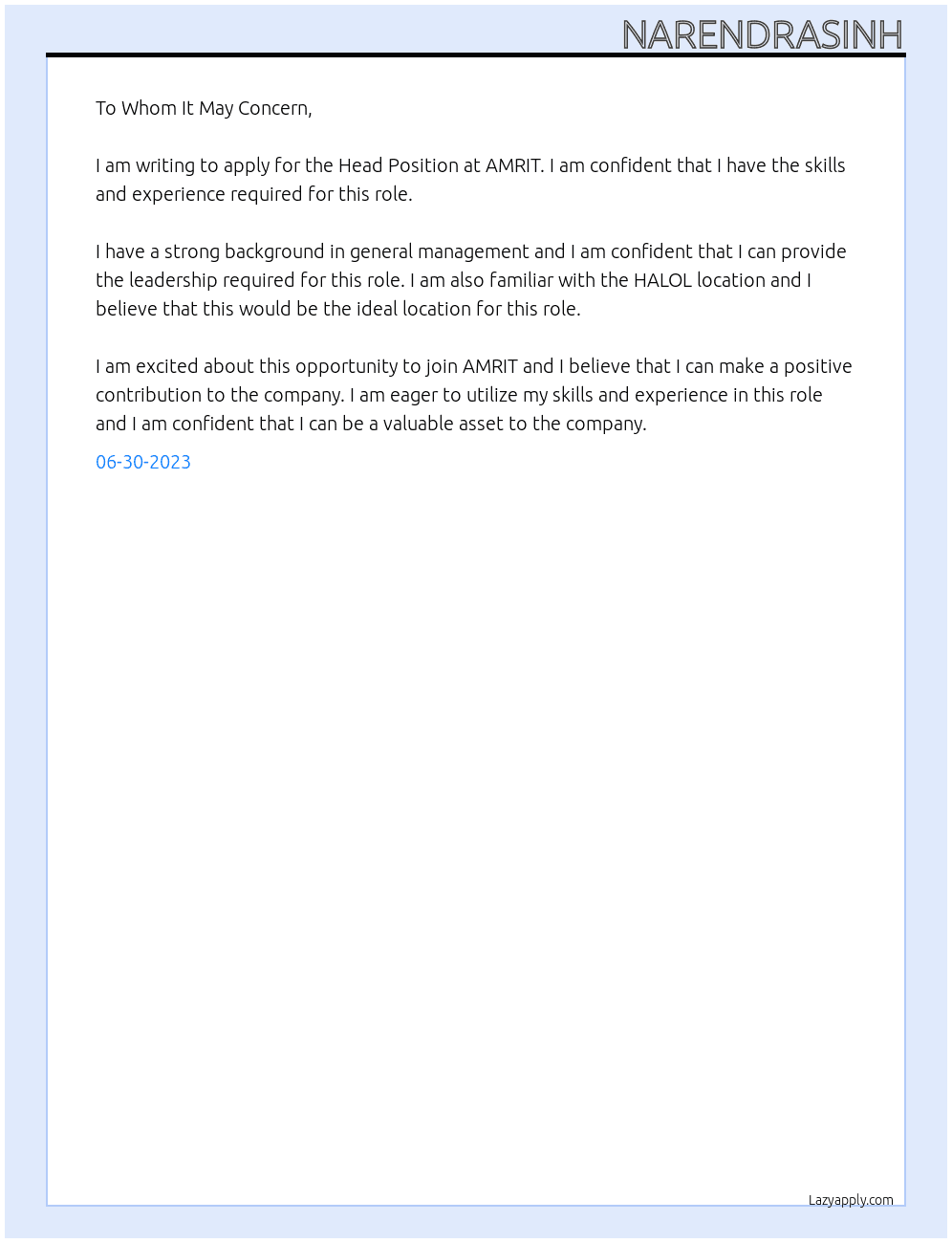 HEAD POSITION At AMRIT Cover Letter