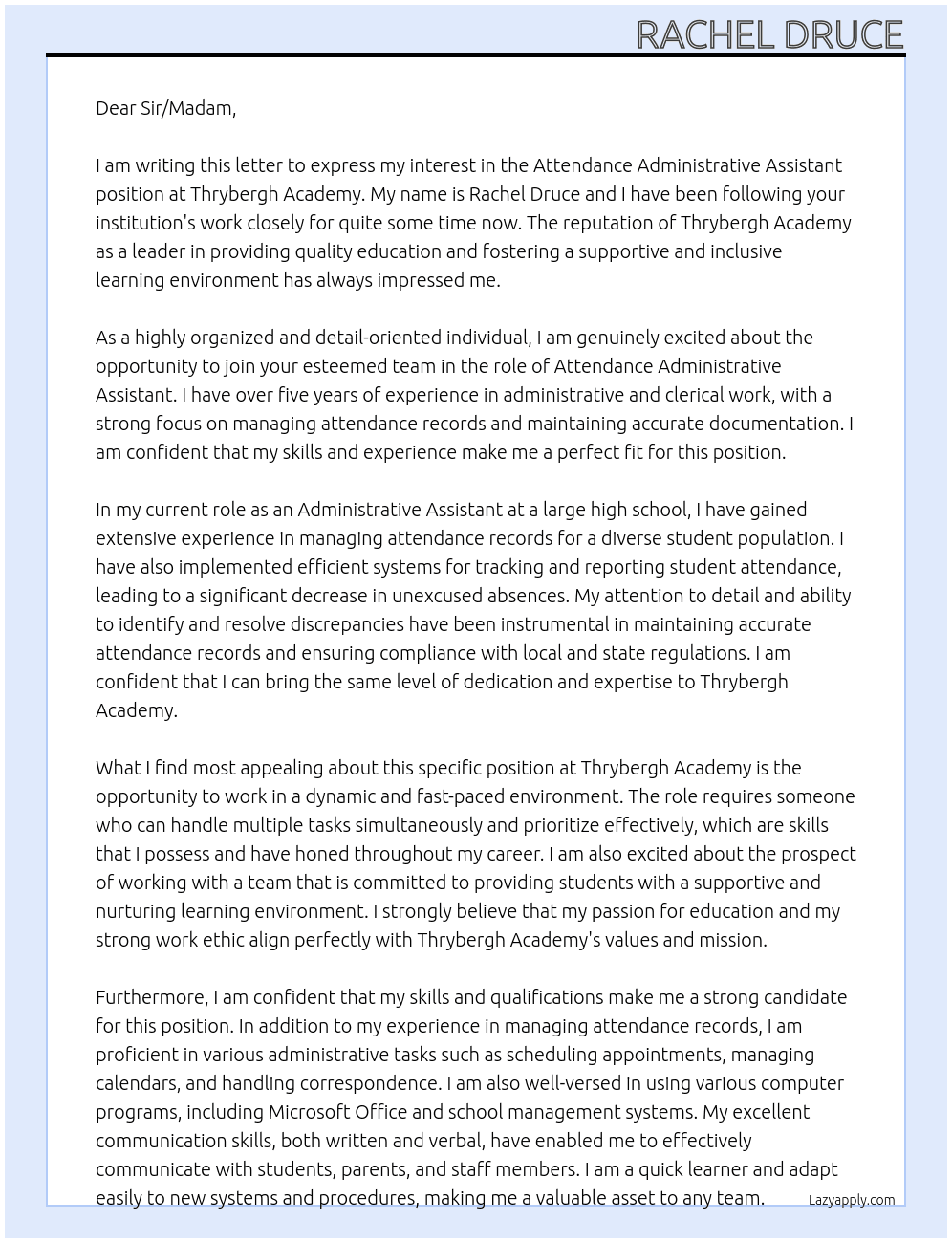 Attendance Administrative Assistant At Thrybergh Academy Cover Letter