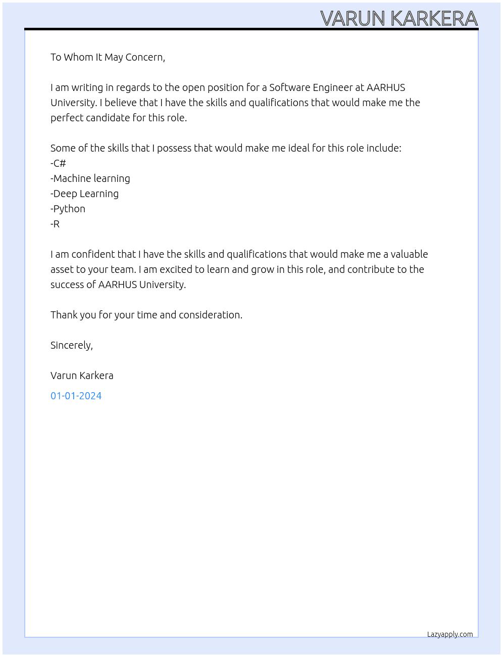 Software Engineer At AARHUS University Cover Letter