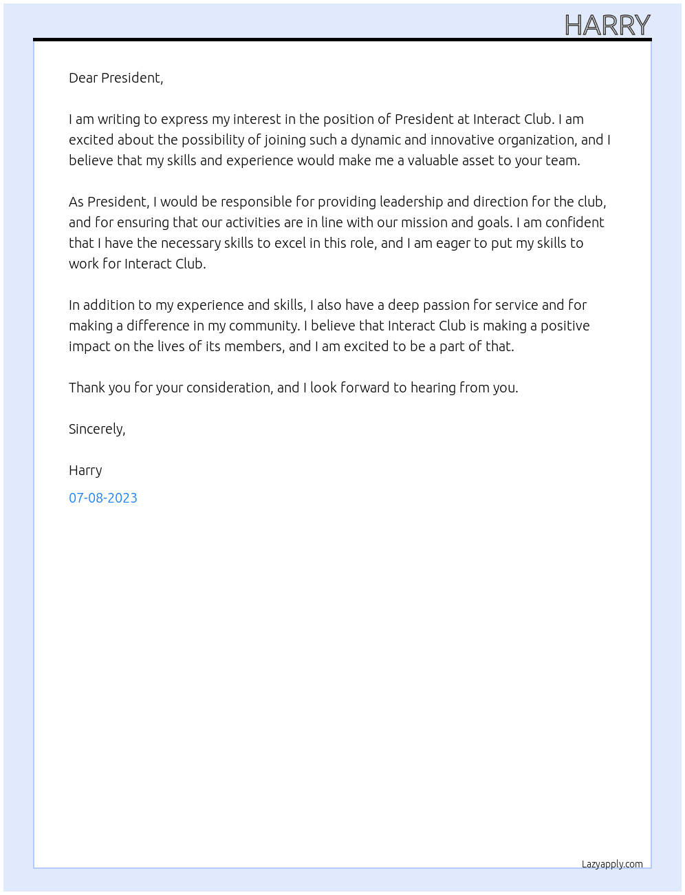 President At interact club Cover Letter