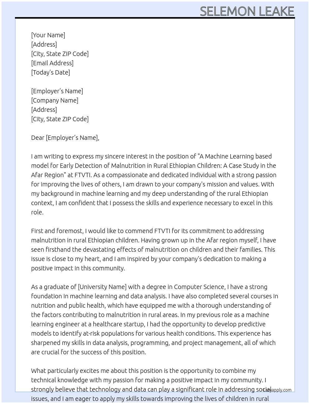A Machine Learning based model for Early Detection of Malnutrition in Rural Ethiopian Children: A Case Study in the Afar Region At FTVTI Cover Letter