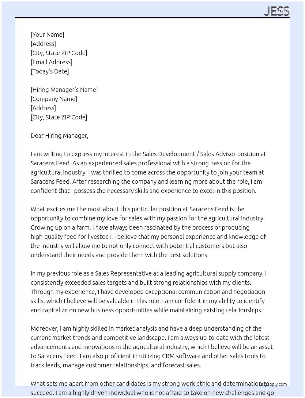 Sales Development / Sales Advisor At Saracens Feed Cover Letter