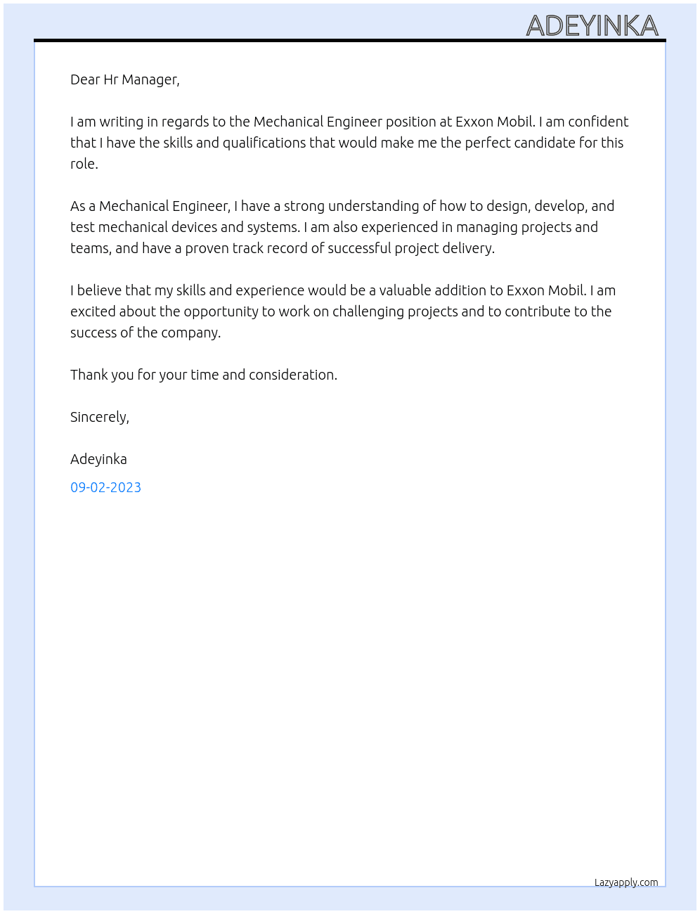 Mechanical Engineer  At Exxon Mobil Cover Letter