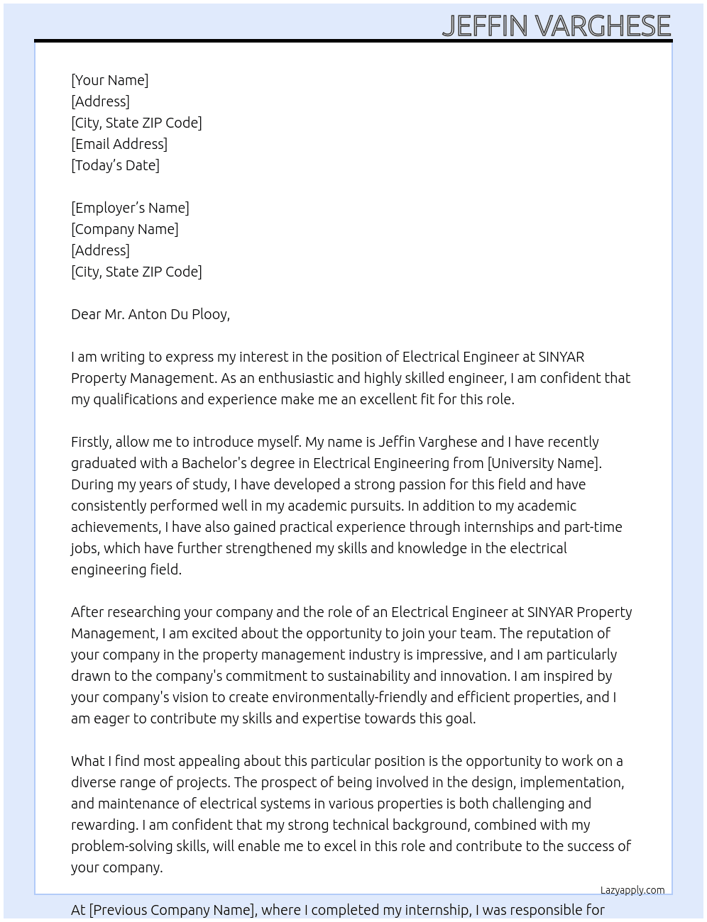 electrical enginner At SINYAR Property Management Cover Letter