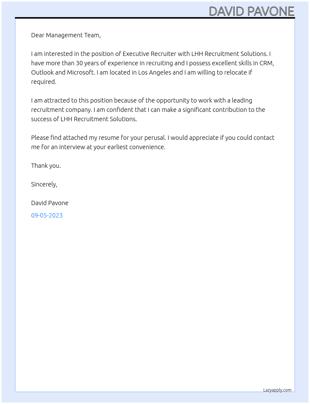 Executive Recruiter At LHH Recruitment Solutions Cover Letter