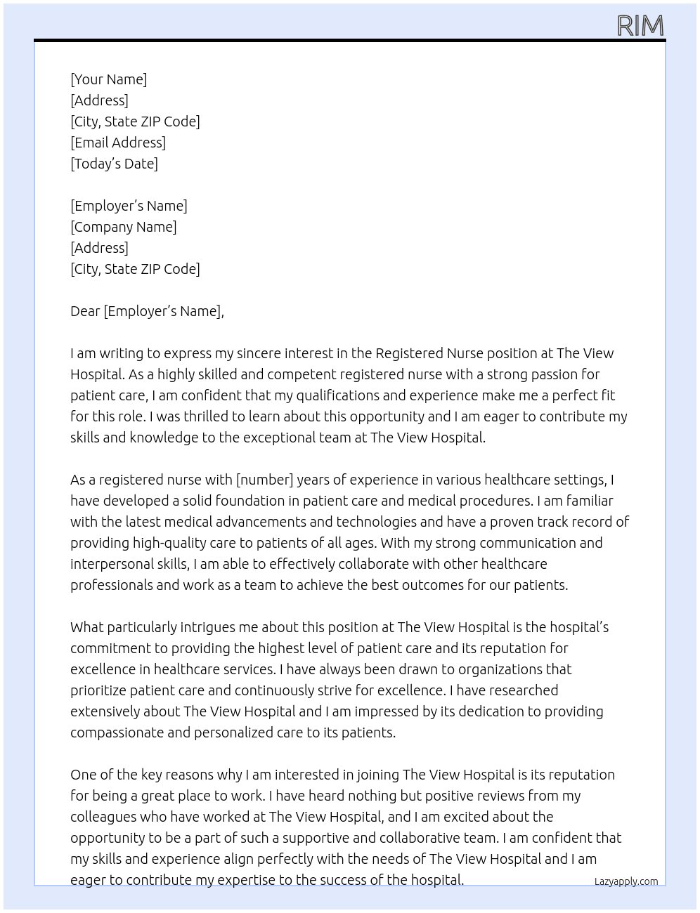 Registered nurse  At The view hospital  Cover Letter