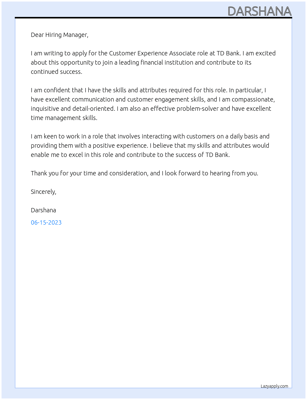 Customer Experience Associate At TD bank Cover Letter