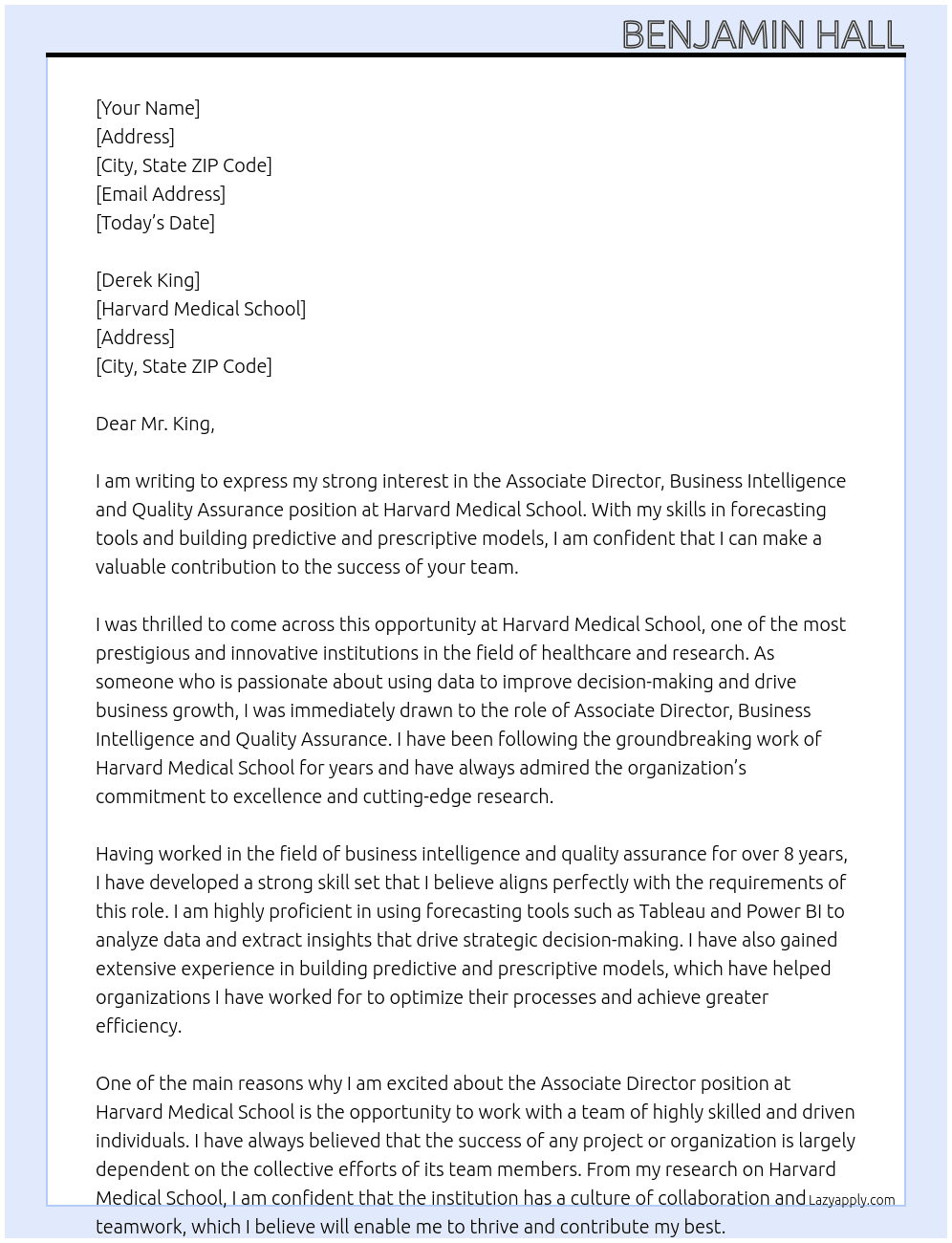 Associate Director, Business Intelligence and Quality Assurance At Harvard Medical School  Cover Letter