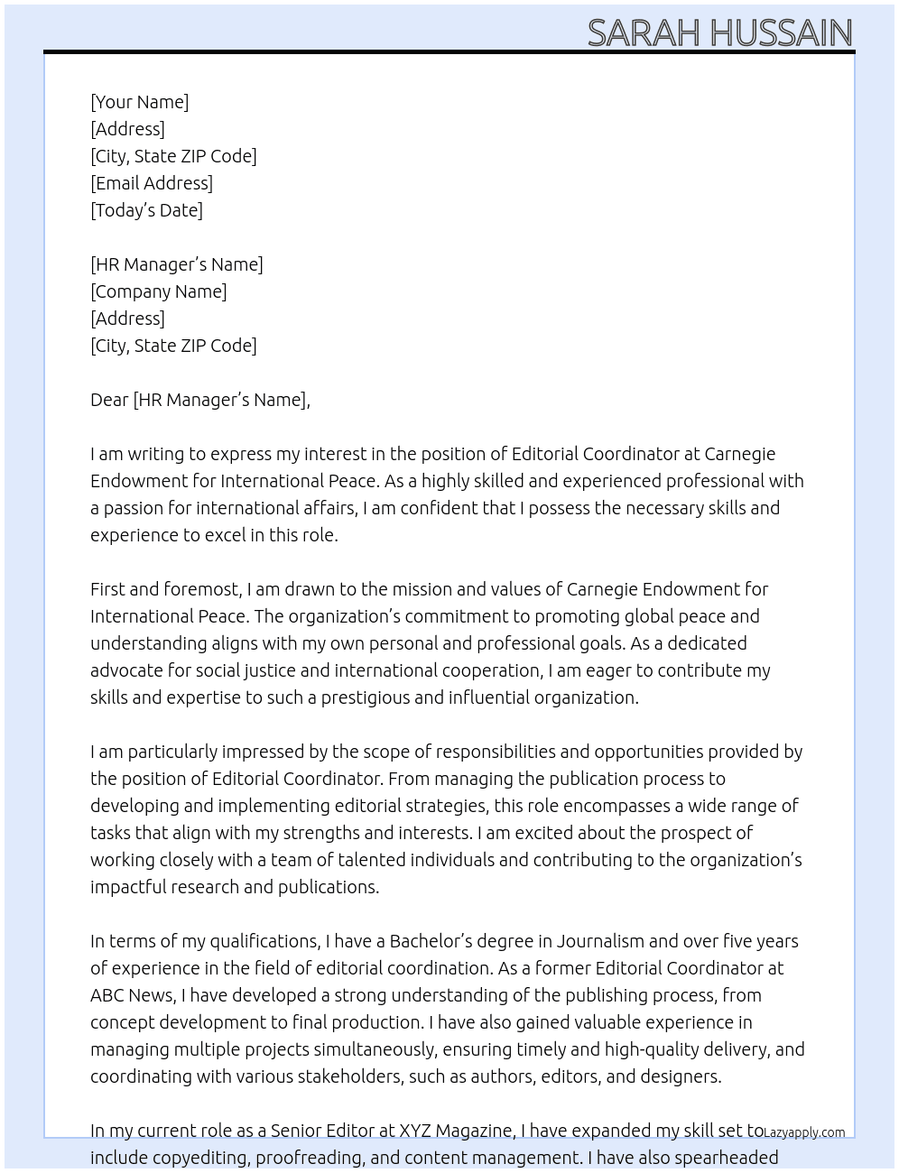 Editorial Coordinator At Carnegie Endowment for International Peace Cover Letter