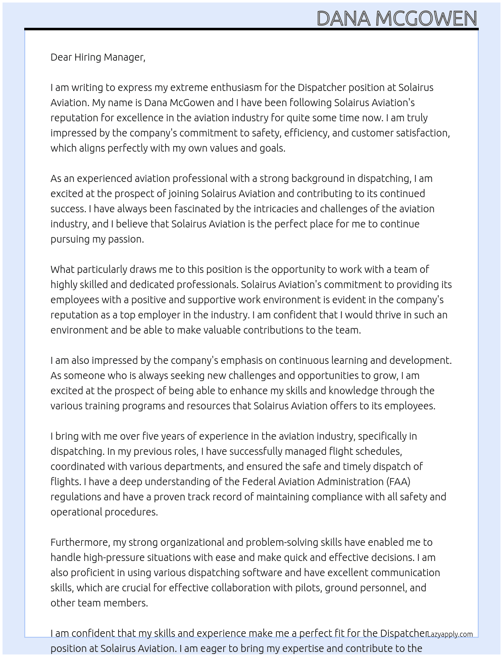 DISPATCHER At Solairus Aviation Cover Letter