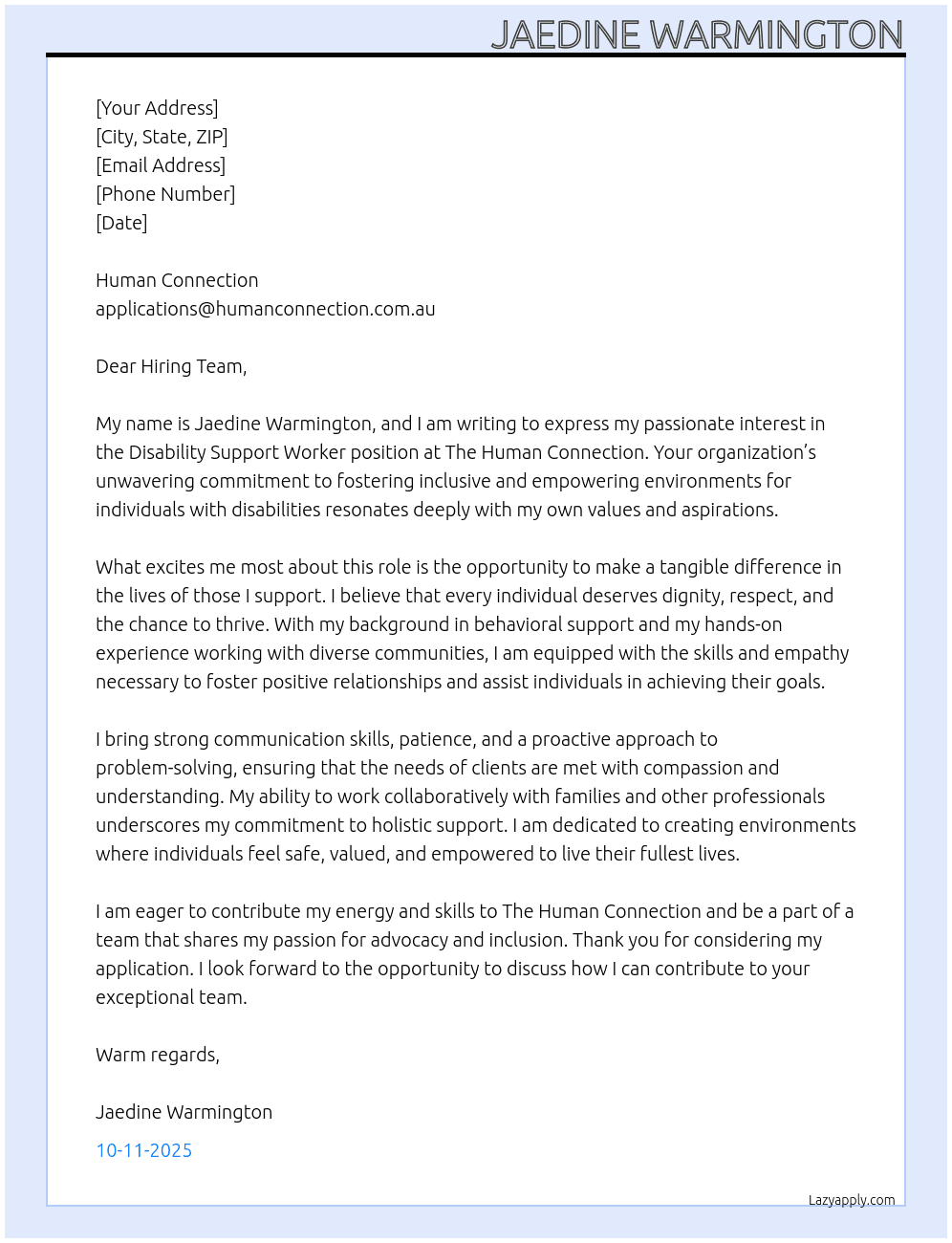 Disability Support Worker  At The Human Connection  Cover Letter